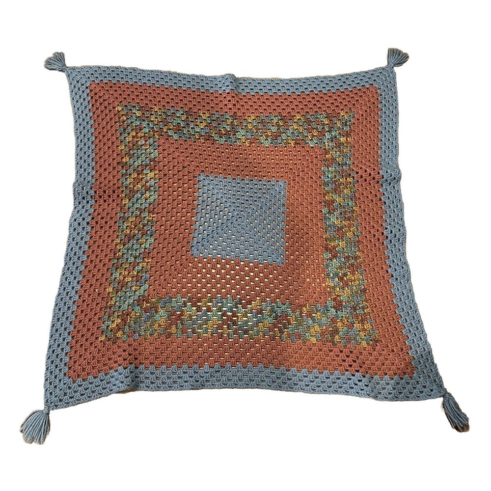 Vintage Handmade Crochet Afghan Rainbow Granny Square Blanket Lap Throw 45x48 In